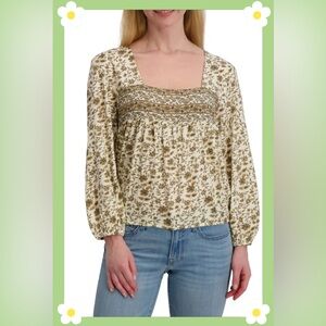 Lucky Brand Floral Long Sleever Bubble Hem Cotton Top Cream Sz L Cottagecore
